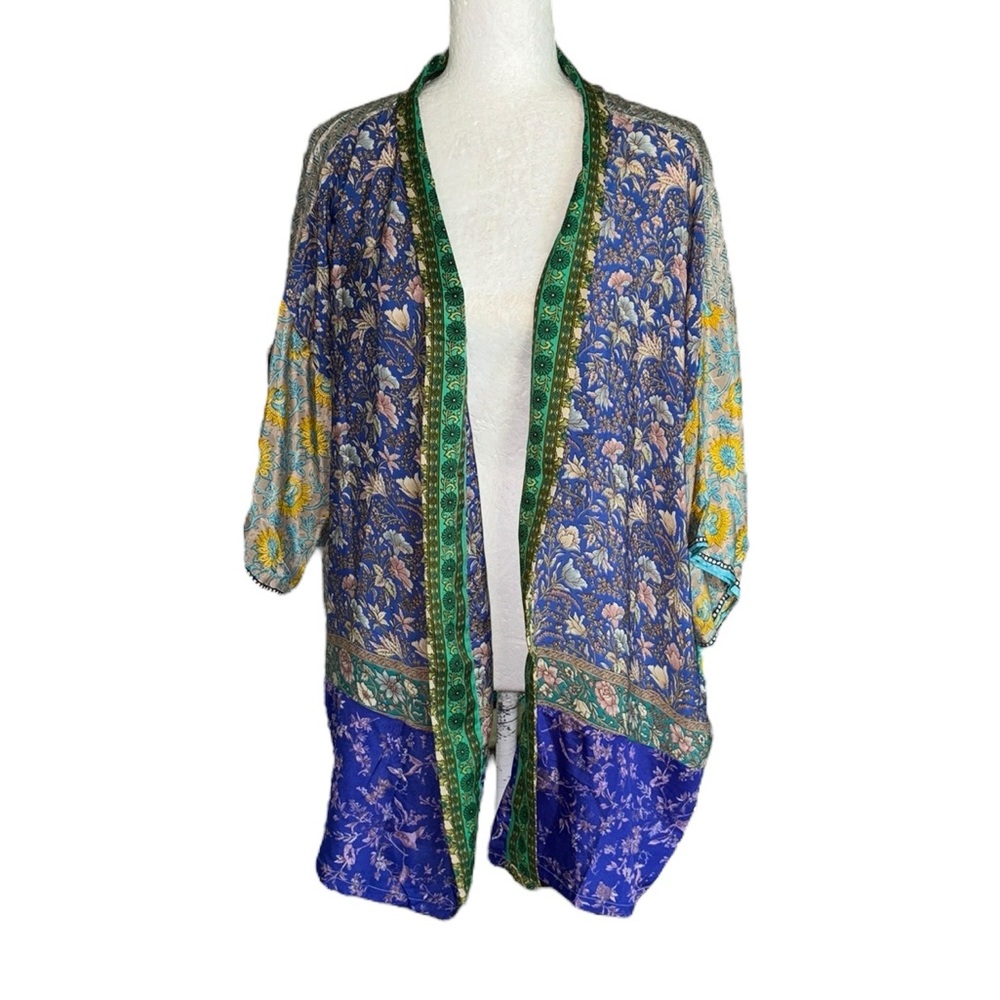 Boho Style Vintage Silk Floral Paisley Mixed Print Open Front Kimono - OS